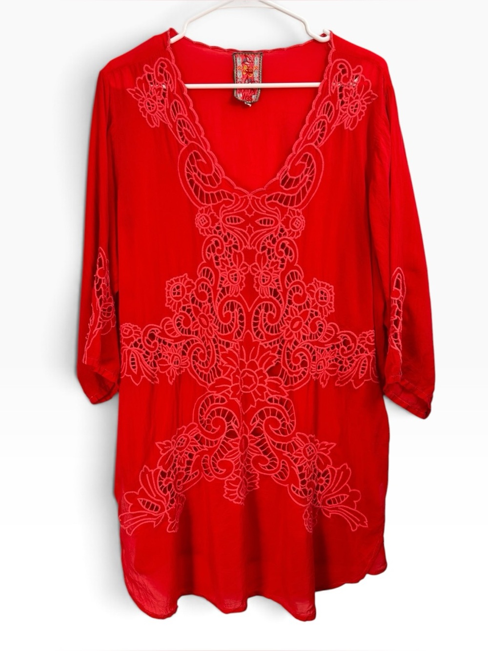 Johnny Was Size XL Red Arlene Tunic Top Cut Out Embroidered Minimalist Boho